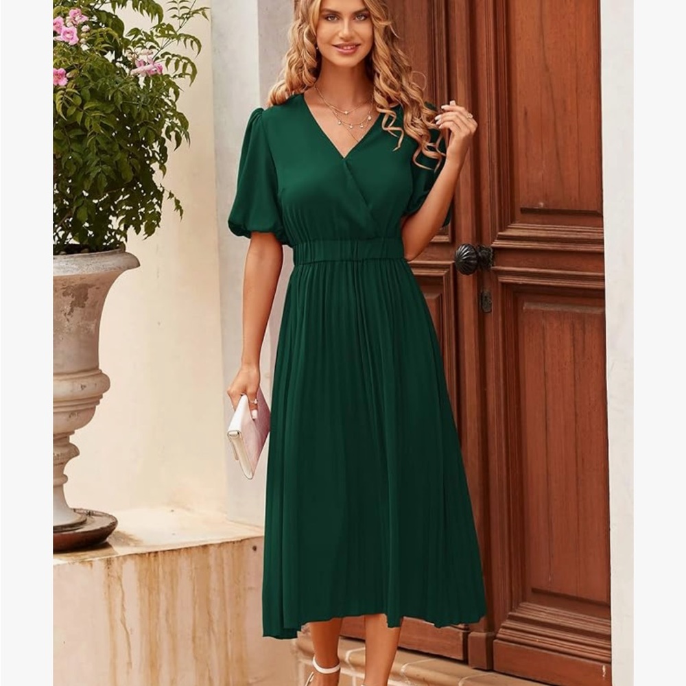 Women's Pleated Midi Dress Wrap V Neck Puff Sleeve Chiffon A Line Flowy Wedding